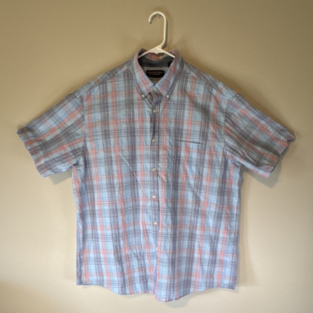 Roundtree & Yorke Men's XL Regular Plaid Button-Down Shirt Blue Red White